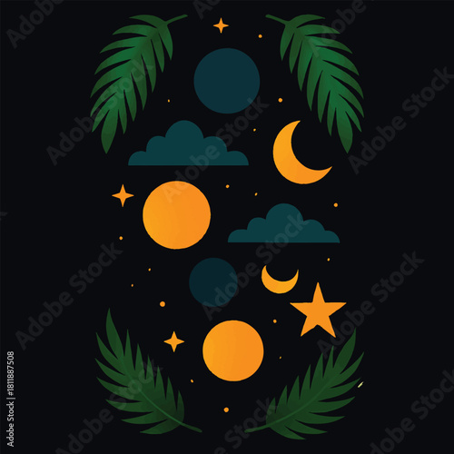 Vector illustration of a dark tropical night landscape with moon, stars, and palm tree silhouette