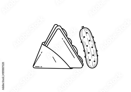 Black and white line drawing of a triangular sandwich in a paper wrapper and a whole pickle