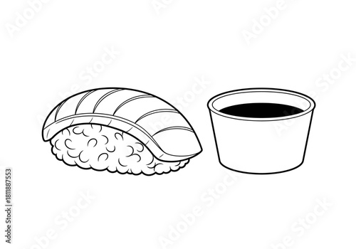 Black and white line drawing of salmon nigiri sushi next to a soy sauce cup