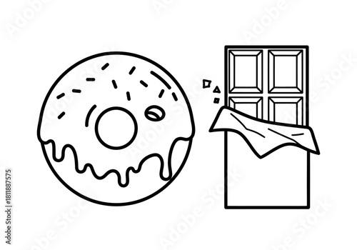 Black and white outline drawing of a glazed donut and a partially unwrapped chocolate bar