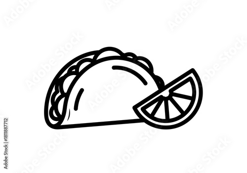 Black line art icon of a taco next to a lime wedge