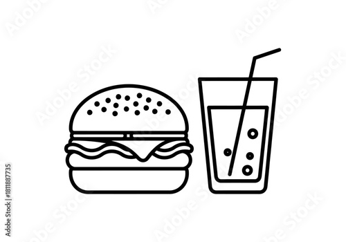 Black outline icon of a cheeseburger next to a glass of soda with bubbles and a straw