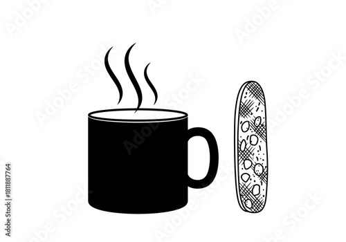 Black mug with steam beside a small textured oblong bread item