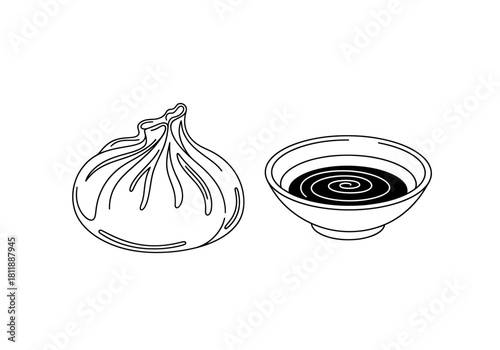 Line art of a pleated dumpling next to a dipping sauce bowl