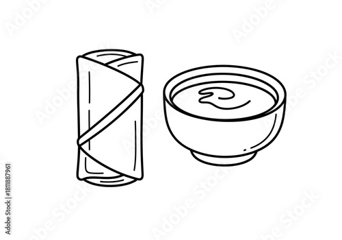 Line art of a wrapped food item next to a dipping sauce bowl