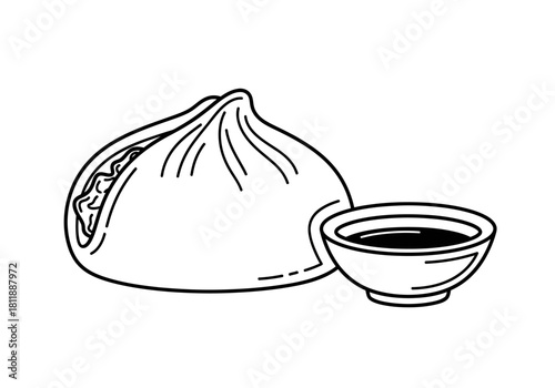 Line art illustration of a steamed dumpling next to a dipping sauce bowl