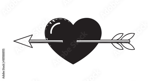 Graphic vector illustration of a black heart pierced by an arrow, a bold romantic emblem.