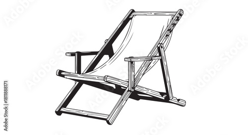 Minimalist metal reclining folding deck chair with canvas seat for outdoor lounging.