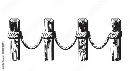 Row of chained posts forming a barrier along a street in monochrome illustration.