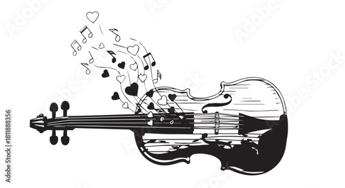 Elegant monochrome violin illustration with musical notes and hearts in line art style.