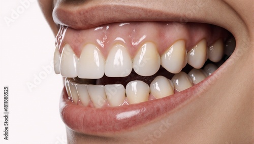 3D rendering of a detailed close-up view of human teeth on a white background focusing on the jaw with gums and teeth