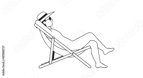 Minimalist line drawing of a person reclining on a lounge chair outdoors, in a relaxed pose.