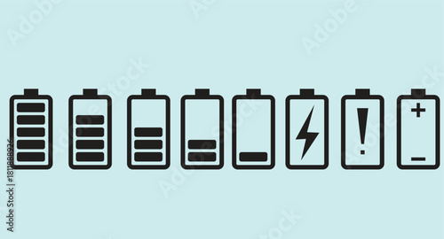 A set of battery icons showing different power levels and charge states. Ideal for device UI, mobile apps, status indicators, electronic device graphics, and energy-related illustrations.