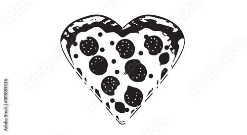 Delightful heart-shaped pizza illustration featuring a pepperoni topping and cheese in a bold black and white design.