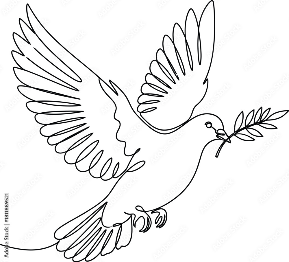 Obraz premium Dove in flight carrying an olive branch in a single line drawing illustration