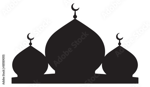  Islamic mosque with domes and minarets in a striking black silhouette