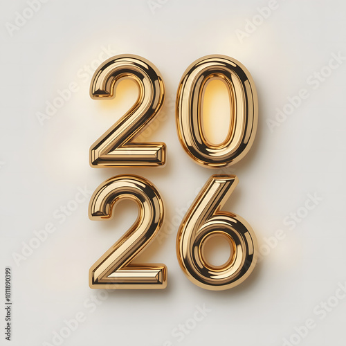Golden 3d number 2026 on white background.