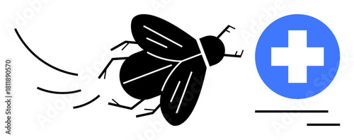 Black fly flying near a blue medical cross emphasizing pest control, health, and hygiene. Ideal for health education, disease prevention, pest management, safety, awareness campaigns, biology simple