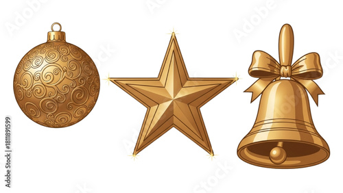 Festive Holiday Ornaments Golden Ball, Star, and Bell Decorations for Christmas Celebrations