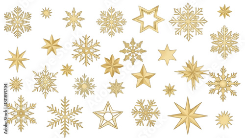 Elegant set of isolated golden snowflakes and stars for festive Christmas decoration