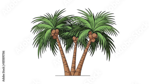 Vivid illustration of a trio of lush tropical palm trees with abundant coconuts, embodying serene island getaways