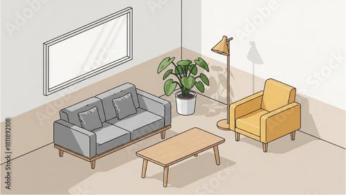 Cozy Living Room Interior Design Sofa, Armchair, Coffee Table, and Plant Illustration