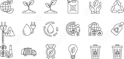 Eco Friendly Sustainability and Green Energy Vector Icon Set Outline Style