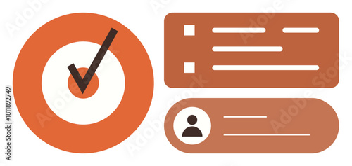 Checkmark in target circle, checklist, and user profile bar emphasize productivity, organization, and focus. Ideal for planning, management, progress, teamwork goals efficiency simple flat
