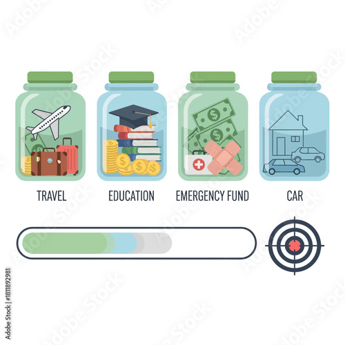 Financial Goals Savings Jars Illustration for Budgeting.