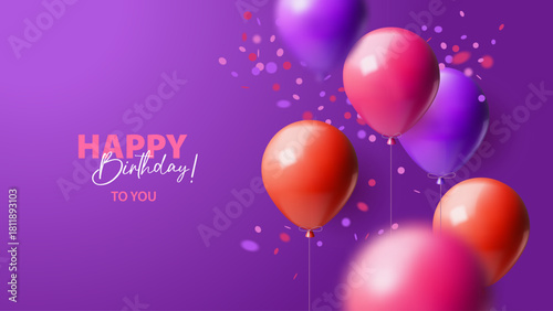 Happy Birthday poster with realistic balloons and confetti. Party, celebration, anniversary, event, greeting, gift store, decor, children entertainment concept. 3D vector illustration