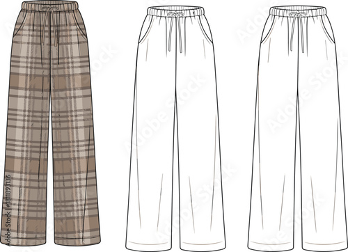 Plaid drawstring pants sketch, fashion vector template, flat cad drawing, garment silhouette, apparel mockup, technical illustration