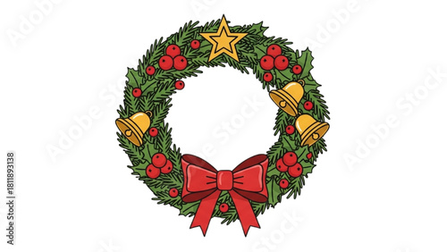 Hand-drawn festive Christmas wreath with a red bow, golden bells, berries, and a star for holiday celebration