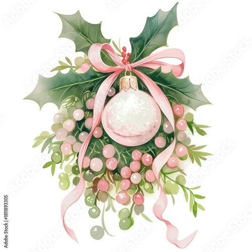 watercolor christmas ornament with pink ribbon clip art preview