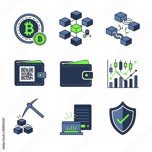 Cryptocurrency and Blockchain Technology Icons Set.