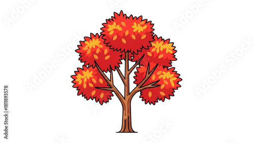 A simple cartoon drawing of a deciduous tree with bright red and orange leaves symbolizing the fall season
