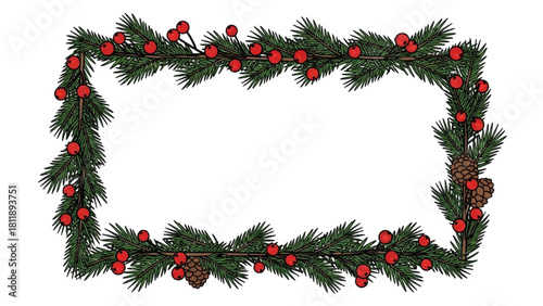 Hand-drawn rectangular festive border with pine branches, red berries, and pinecones