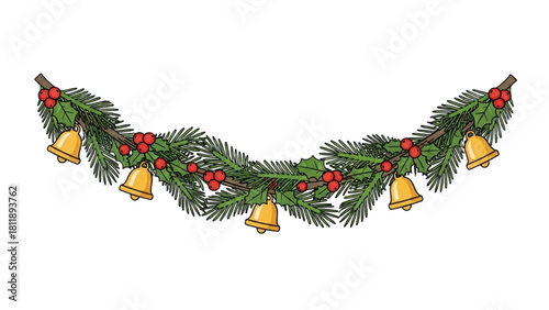 Festive Holiday Garland Illustration with Pine Branches, Holly Berries, and Golden Jingle Bells for Seasonal Decoration