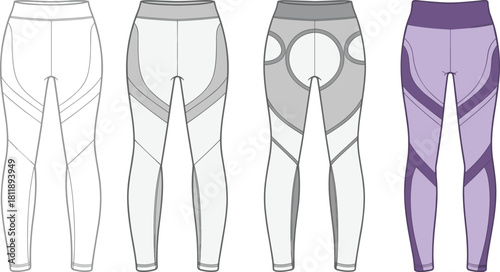 Athletic leggings design sketch, performance wear development stages, flat cad drawing, garment silhouette, apparel mockup, vector illustration