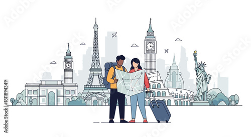 Young couple tourists exploring Paris city streets