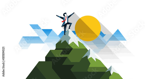 mountainous landscape, stylized geometric shapes, human silhouette jumping, bright sun, abstract geometric clouds, vibrant colors, digital art, minimalist design
