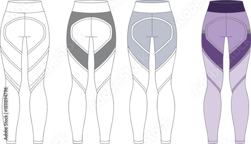 Leggings design sketch, color block activewear template, flat cad drawing, garment silhouette