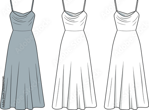 Fashion design template, sleeveless dress sketch, vector illustration, flat cad drawing, garment silhouette, editable outline, apparel mockup