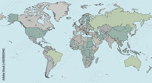 World Map with Country Borders and Capital Cities Highlighted