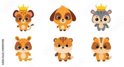 Cute cartoon animals with crowns, playful characters for children's designs