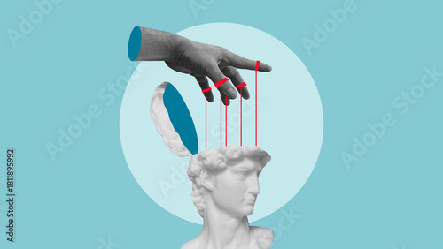 Propaganda, lack of free will, exploitation and psychological manipulation concept. Puppet Strings Controlling Classical Statue Head - Mind Control and Influence