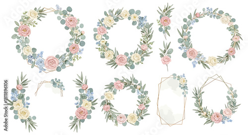 Romantic watercolor floral collection featuring rose wreaths, eucalyptus bouquets, and elegant gold geometric frames
