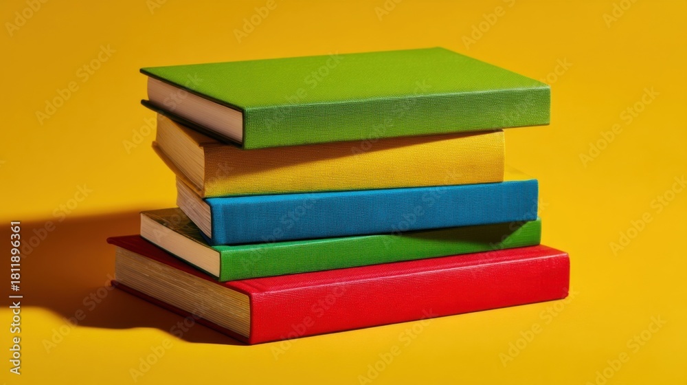 Fototapeta premium A stack of five books with vibrant colored covers including green, yellow, blue,