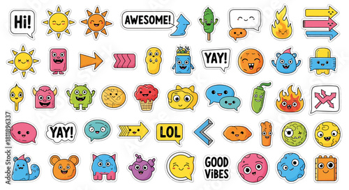 A vibrant collection of cute and funny cartoon doodle stickers featuring monsters, emojis, and positive speech bubbles