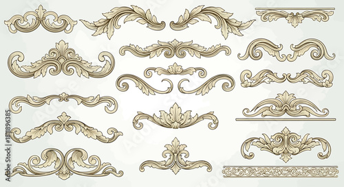 A beautiful collection of vintage baroque style scroll ornaments and elegant floral decorative design elements for page layout