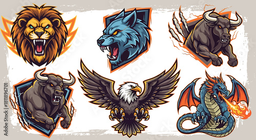 Dynamic animal mascot emblem collection featuring powerful lion, wolf, bull, eagle, and dragon designs perfect for esports teams, gaming, and brand identity